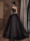 Niulatu A line Strapless Black Tulle Lace Long Prom Dress HZ1110