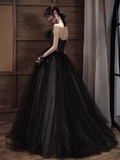 Niulatu A line Strapless Black Tulle Lace Long Prom Dress HZ1110