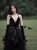 Niulatu A line Straps Black Tulle Velvet Long Prom Dress HZ1110