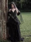 Niulatu A line Straps Black Tulle Velvet Long Prom Dress HZ1110