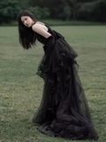 Niulatu A line Straps Black Tulle Velvet Long Prom Dress HZ1110