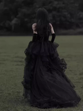 Niulatu A line Straps Black Tulle Velvet Long Prom Dress HZ1110