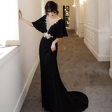 Niulatu A line V Neckline Black Long Prom Dress HZ1110