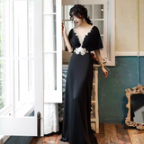 Niulatu A line V Neckline Black Long Prom Dress HZ1110
