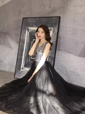 Niulatu A line V Neckline Black Beads Long Prom Dress HZ1110