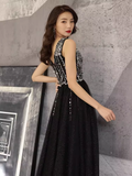 Niulatu A line V Neckline Black Beads Long Prom Dress HZ1110