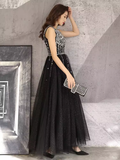 Niulatu A line V Neckline Black Beads Long Prom Dress HZ1110