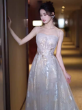 Niulatu A line Straps Sequin Long Prom Dress HZ1110