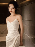 Niulatu Mermaid Straps Sequin White Long Prom Dress HZ1110