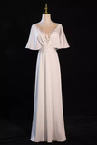 Niulatu A line Short Sleeves Lace White Long Prom Dress HZ1110