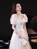 Niulatu A line Short Sleeves White Long Prom Dress HZ1110