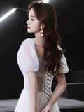 Niulatu A line Short Sleeves White Long Prom Dress HZ1110