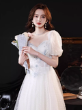 Niulatu A line Short Sleeves White Long Prom Dress HZ1110