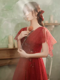 Niulatu A line Short Sleeves Tulle Red Prom Dress HZ1110
