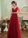 Niulatu A line Short Sleeves Tulle Red Prom Dress HZ1110