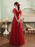 Niulatu A line Short Sleeves Tulle Red Prom Dress HZ1110