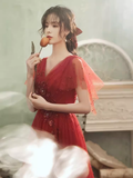 Niulatu A line Short Sleeves Tulle Red Prom Dress HZ1110