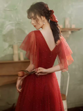 Niulatu A line Short Sleeves Tulle Red Prom Dress HZ1110