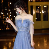 Niulatu A line Short Sleeves Tulle Blue Prom Dress HZ1110