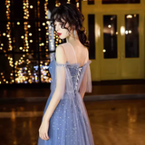 Niulatu A line Short Sleeves Tulle Blue Prom Dress HZ1110