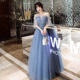 Niulatu A line Short Sleeves Tulle Blue Prom Dress HZ1110