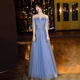 Niulatu A line Short Sleeves Tulle Blue Prom Dress HZ1110