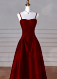 Niulatu Wine Red A-Line Straps Satin Long Burgundy Prom Dresses HZ1110