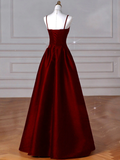 Niulatu Wine Red A-Line Straps Satin Long Burgundy Prom Dresses HZ1110