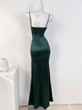 Niulatu Mermaid Sleeveless Green Satin Long Prom Dress HZ1110