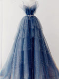 Niulatu Ball Gown Straps Long Tulle Blue Prom Dress HZ1110
