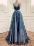 Niulatu Ball Gown Straps Long Tulle Blue Prom Dress HZ1110