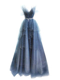 Niulatu Ball Gown Straps Long Tulle Blue Prom Dress HZ1110