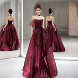 Niulatu Ball Gown Strapless Burgundy Organza Long Prom Dress HZ1110