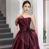 Niulatu Ball Gown Strapless Burgundy Organza Long Prom Dress HZ1110