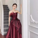 Niulatu Ball Gown Strapless Burgundy Organza Long Prom Dress HZ1110