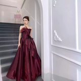 Niulatu Ball Gown Strapless Burgundy Organza Long Prom Dress HZ1110