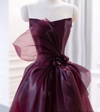 Niulatu Ball Gown Strapless Burgundy Organza Long Prom Dress HZ1110