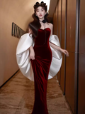 Niulatu Mermaid Strapless Burgundy Long Prom Dresses HZ1110