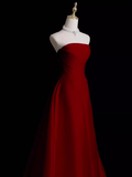 Niulatu A Line Strapless Sleeveless Burgundy Long Prom Dress HZ1110