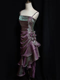 Niulatu High Low Straps Grape Ruffles Prom Dresses HZ1110