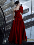 Niulatu A Line Strapless Red Satin Long Prom Dresses HZ1110