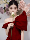 Niulatu A Line Strapless Red Satin Long Prom Dresses HZ1110