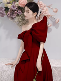Niulatu A Line Strapless Red Satin Long Prom Dresses HZ1110