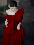Niulatu A Line Strapless Red Satin Long Prom Dresses HZ1110