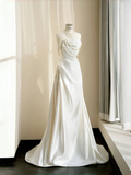 Niulatu Strapless Satin Pearls Chain White Prom Dress A Line Evening Dress HZ1007
