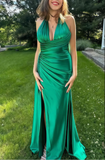 Niulatu Halter V-Neck Ruched Bodycon Prom Dress,Long Slit Evening Gown HZ1007