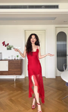 Niulatu Red A Line Spaghetti Strap Chiffon Prom Dress Outfits with Slit HZ0113