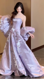 Niulatu Lilac Satin Appliques Prom Dress Strapless A-Line Evening Gown HZ1007