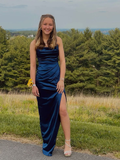 Niulatu Spaghetti Straps Navy Blue Satin Pleated Slit Long Prom Dress Evening Dress HZ1007
