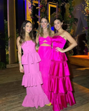 Niulatu Strapless Satin Tiered Party Prom Dress Hot Pink Satin A Line Evening Gown HZ1007